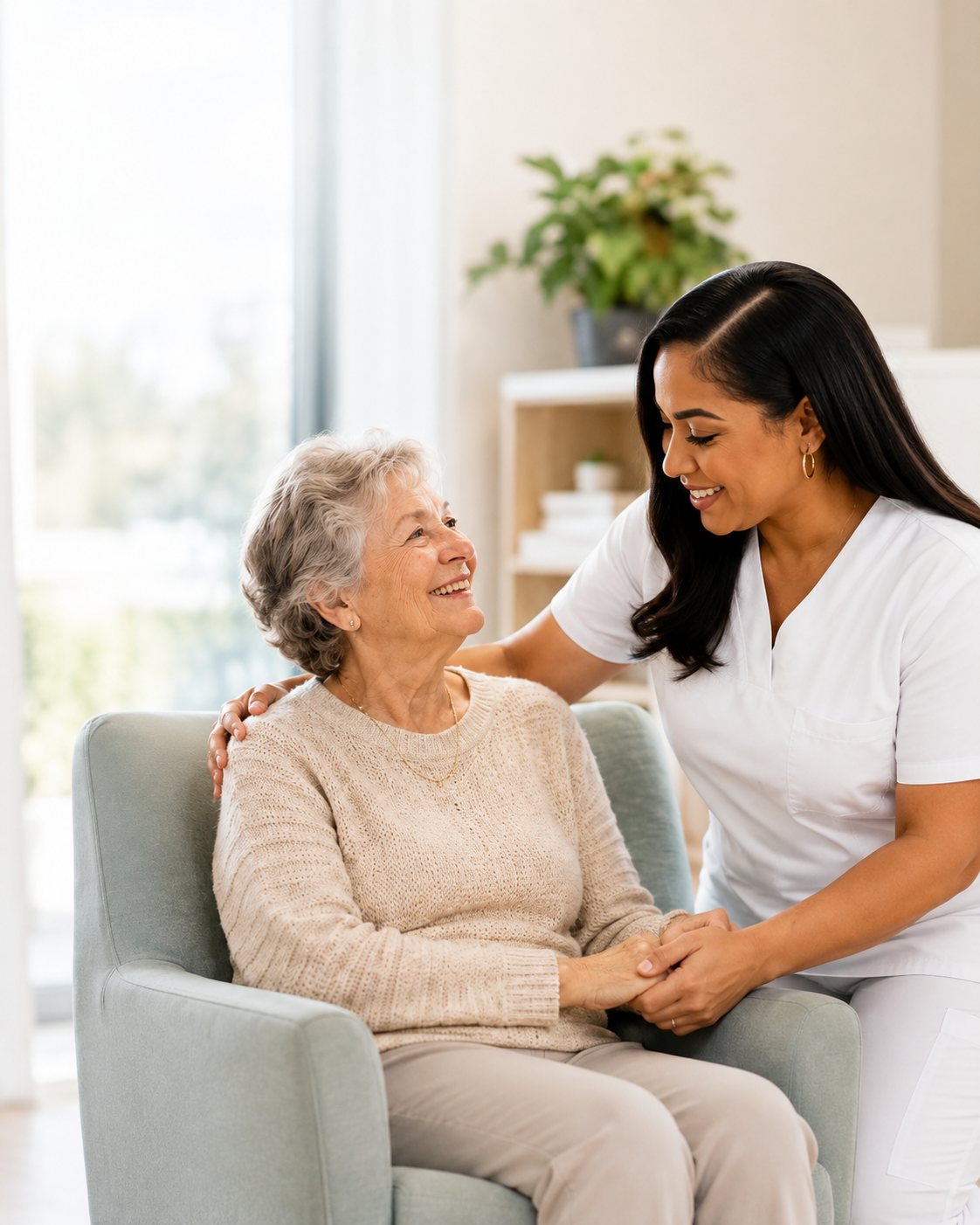 Roxanne McGann, founder of RDT Care Services, holding an elderly woman's hands during a home visit