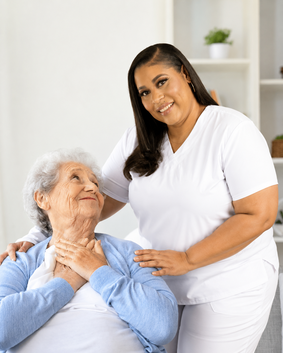 Roxanne McGann, founder of RDT Care Services, smiling with a senior woman during an in-home care visit