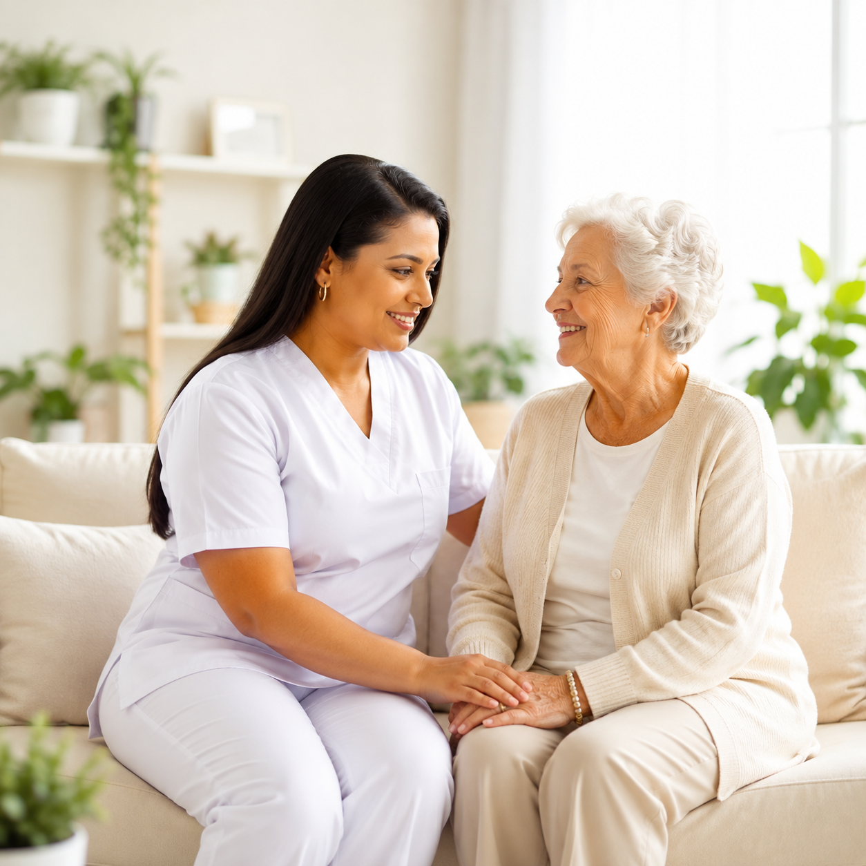 Roxanne McGann, founder of RDT Care Services, talking with a senior woman on a sofa during a companion care visit