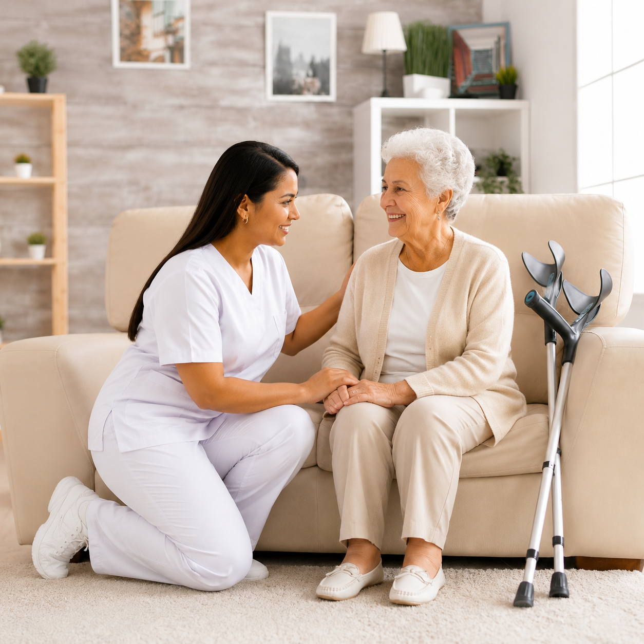 Roxanne McGann, founder of RDT Care Services, kneeling beside a senior woman with a cane in her living room